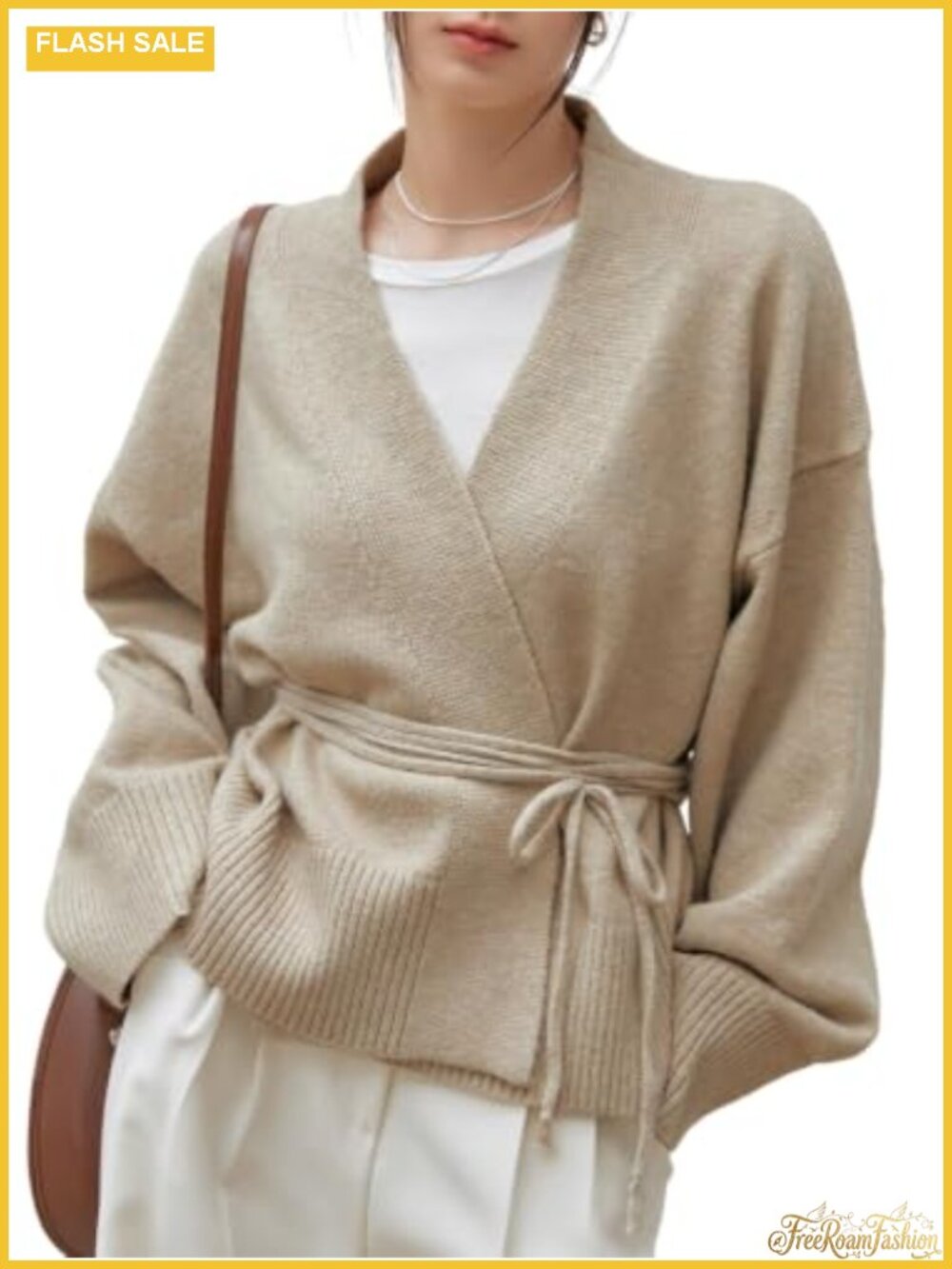 Wrap Tie Front Belted Long Sleeve Cardigan Sweater V-Neck